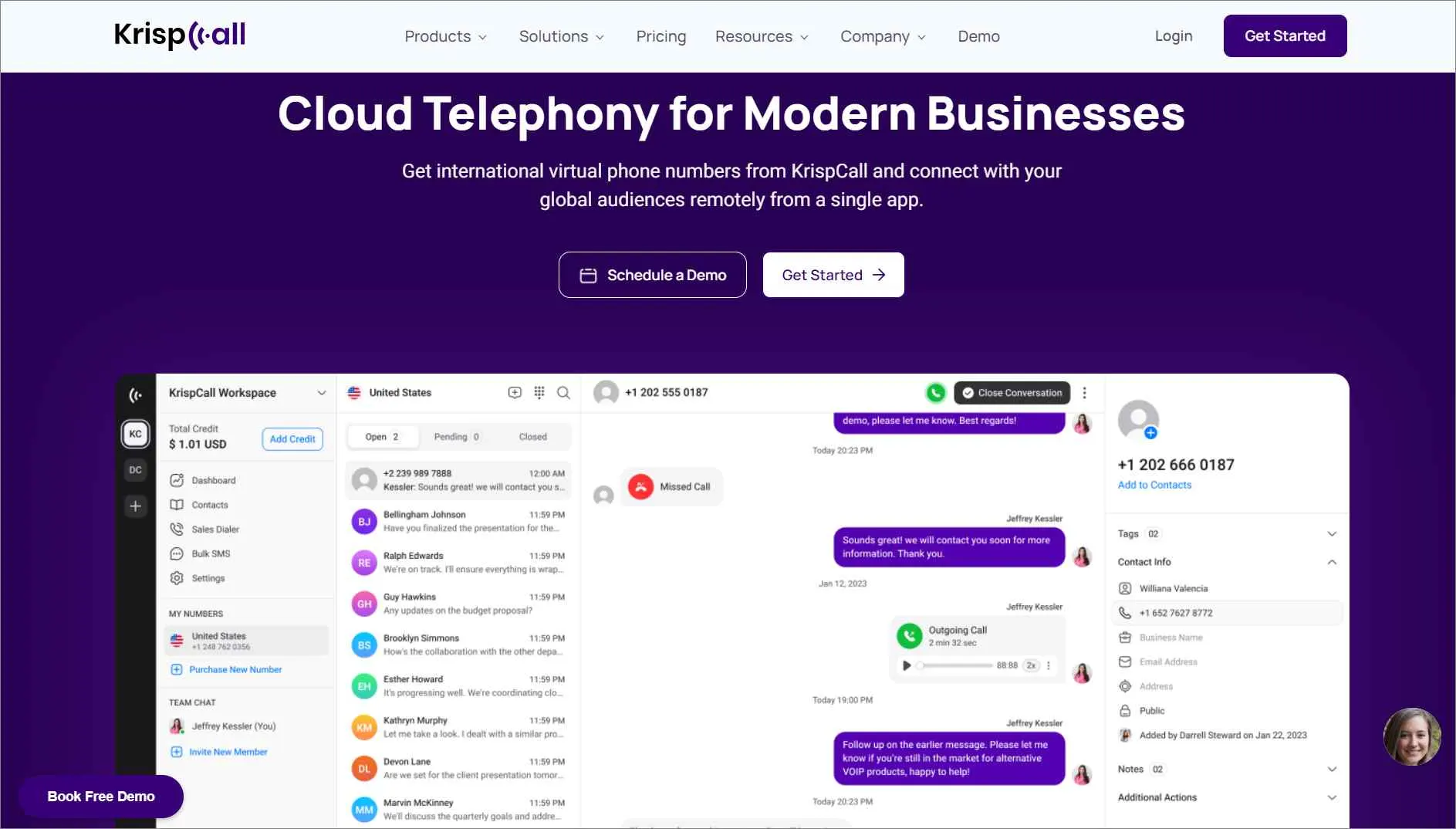 KrispCall webpage with modern cloud telephony interface, showing chat logs, contacts, and demo scheduling options.