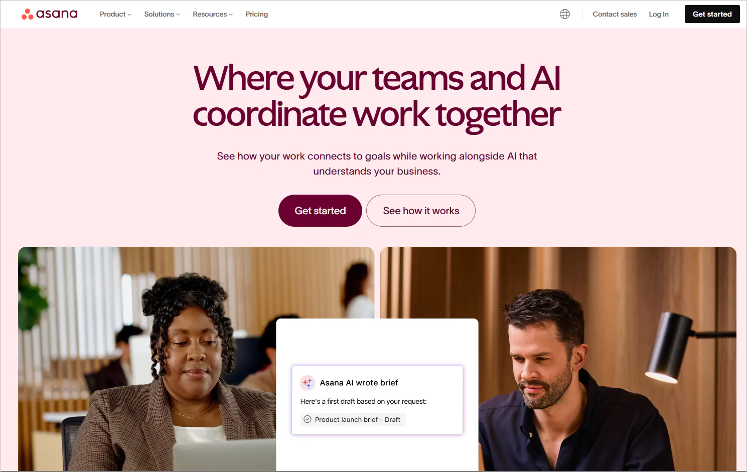 Asana homepage showing a male and a female person on purple background and a highlight of Asana AI