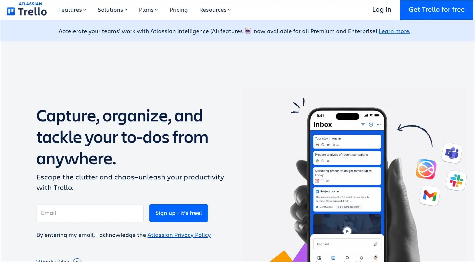 Atlassian Trello homepage with mobile project management and task tracking app for team productivity