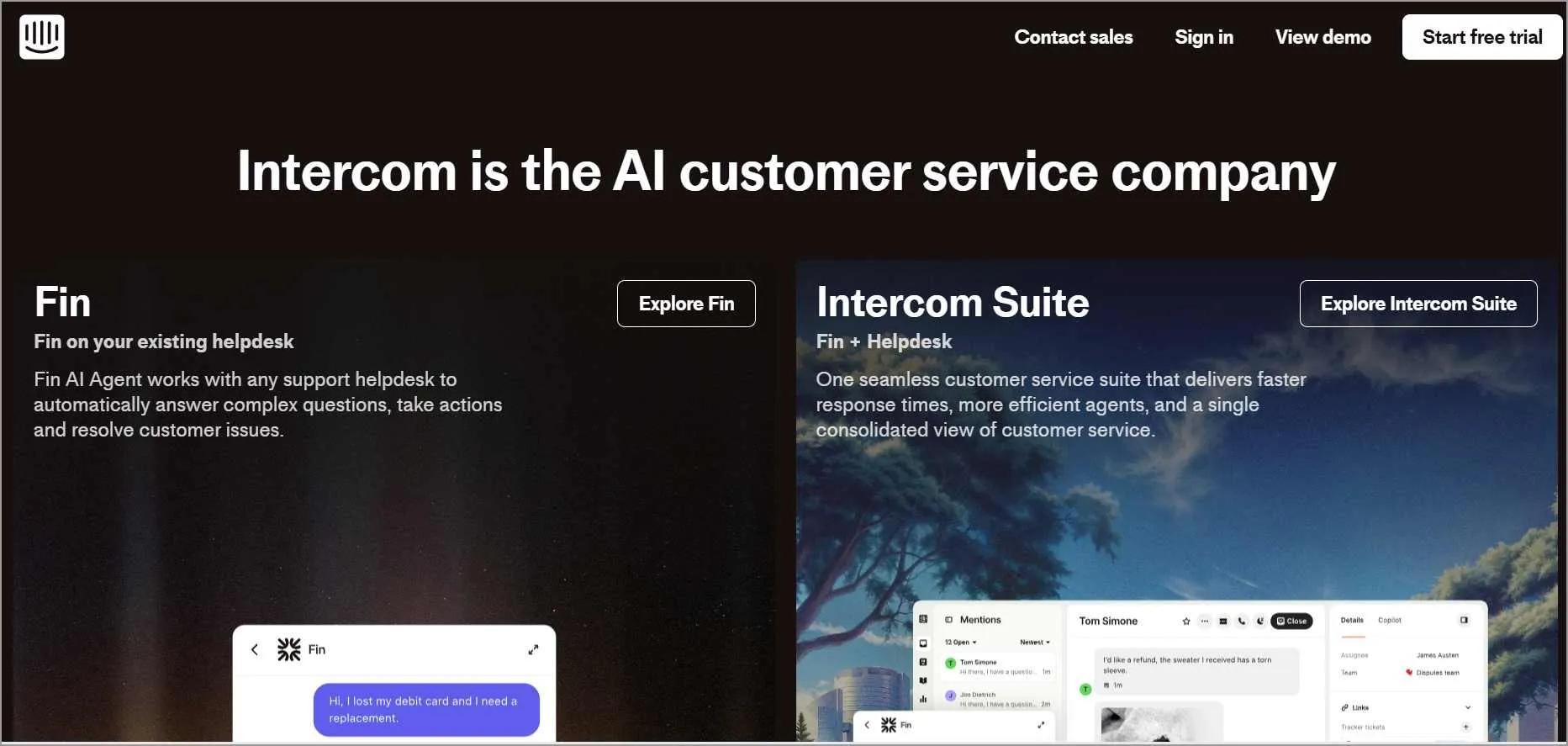 Intercom homepage showing its AI-powered customer service platform, highlighting Fin AI Agent and the Intercom Suite.
