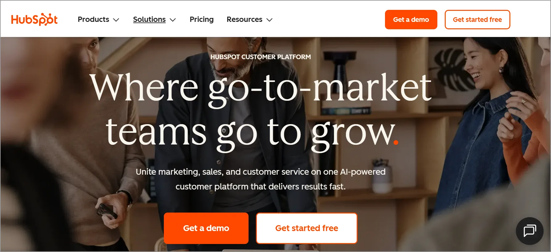 HubSpot homepage section highlighting its customer platform for marketing, sales, and customer service teams.