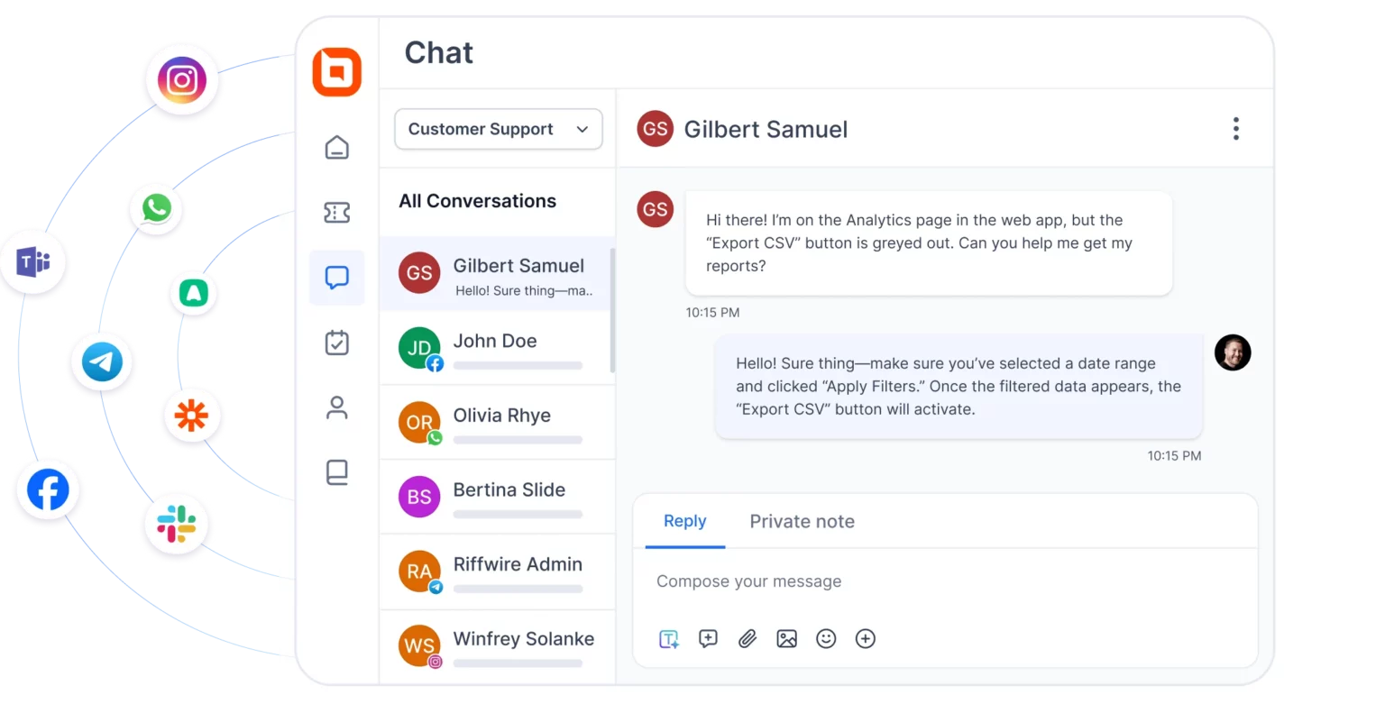 BoldDesk's omnichannel support consolidates email, live chat, WhatsApp, SMS, and social messages in one platform.