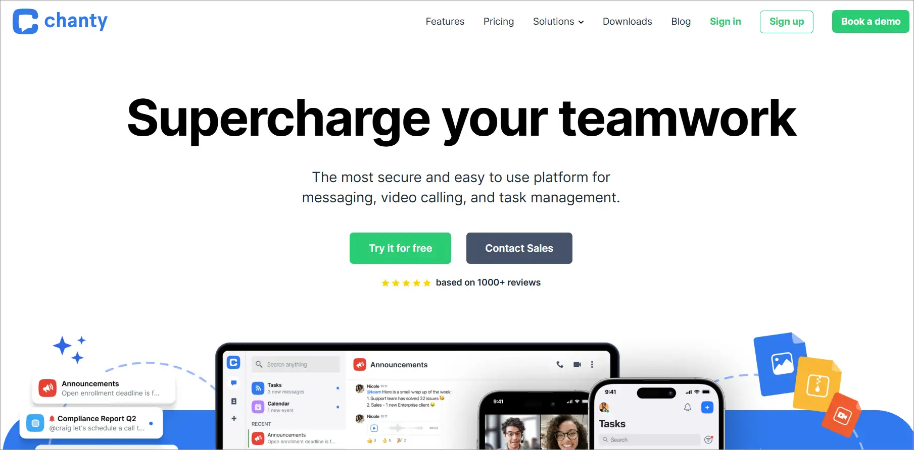 Chanty homepage showcasing teamwork, messaging, video calls, and task management features.