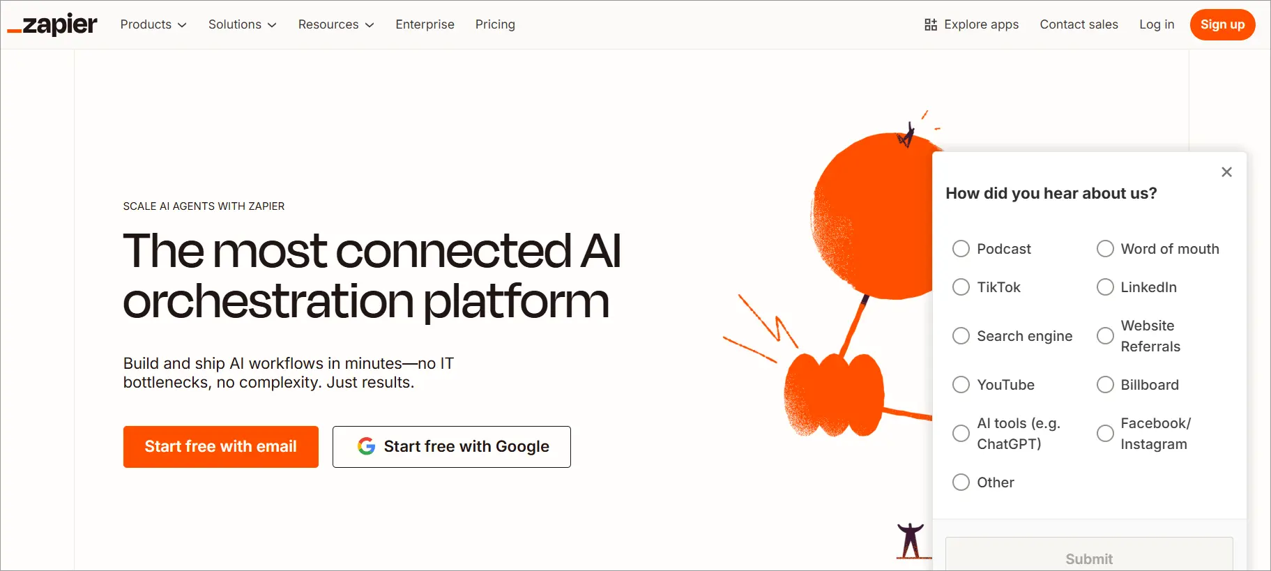 Zapier homepage featuring the most connected AI orchestration platform with the option to get started