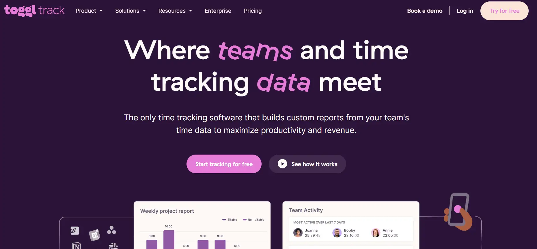 Toggl Track homepage highlighting its time‑tracking features and team productivity reporting.