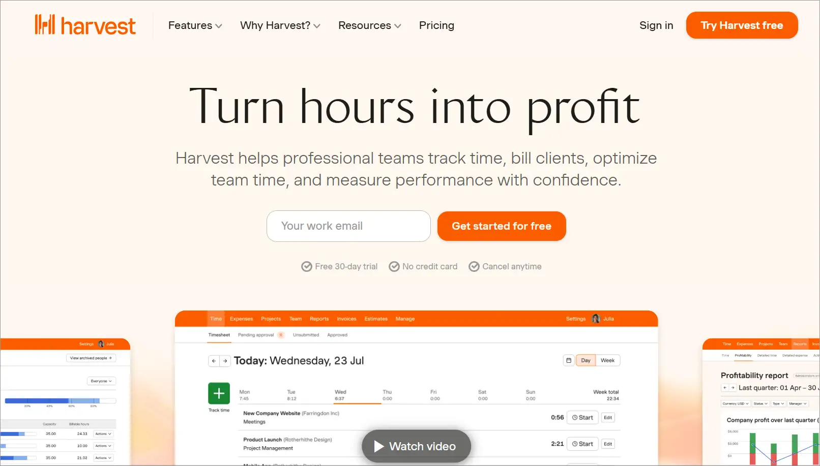 Harvest homepage displaying time tracking and reporting tools for teams to manage work and billing.