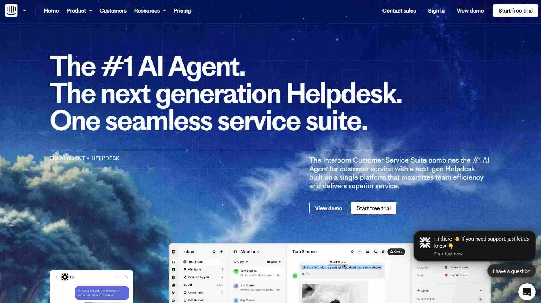 Intercom customer support platform, Zendesk alternative with Fin AI agent