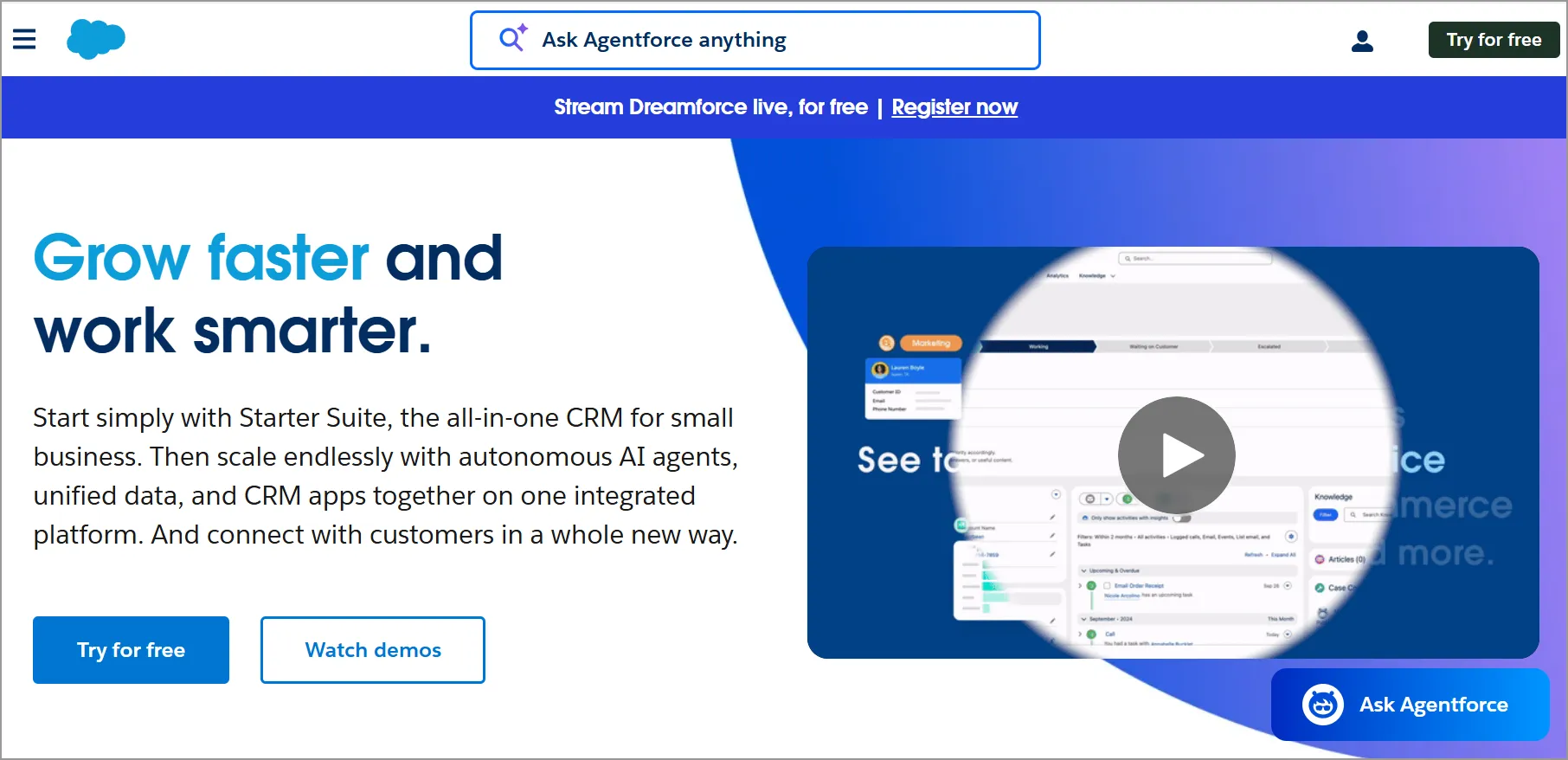Salesforce homepage and Freshdesk alternative showing its CRM platform with AI agents and calls to try for free.