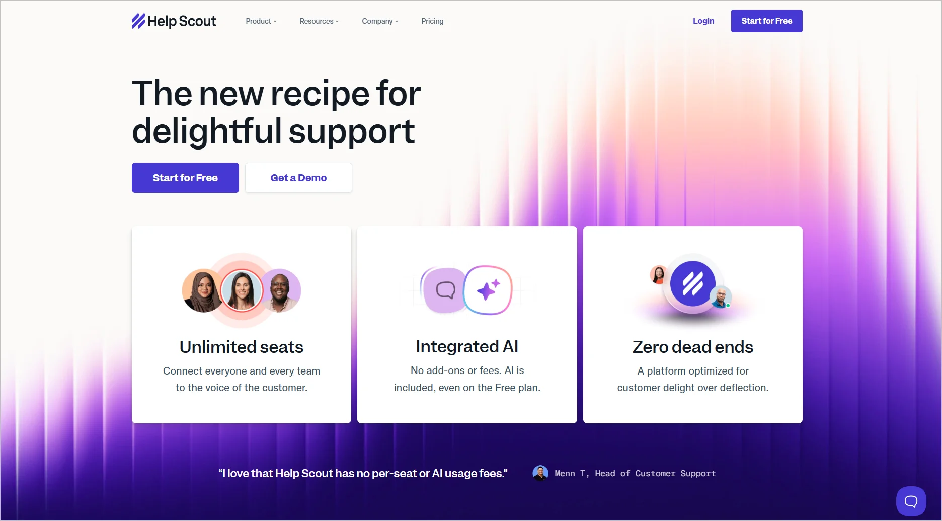 Help Scout website featuring a banner : Unlimited seats, Integrated AI, and Zero dead ends, each highlighting customer support features.
