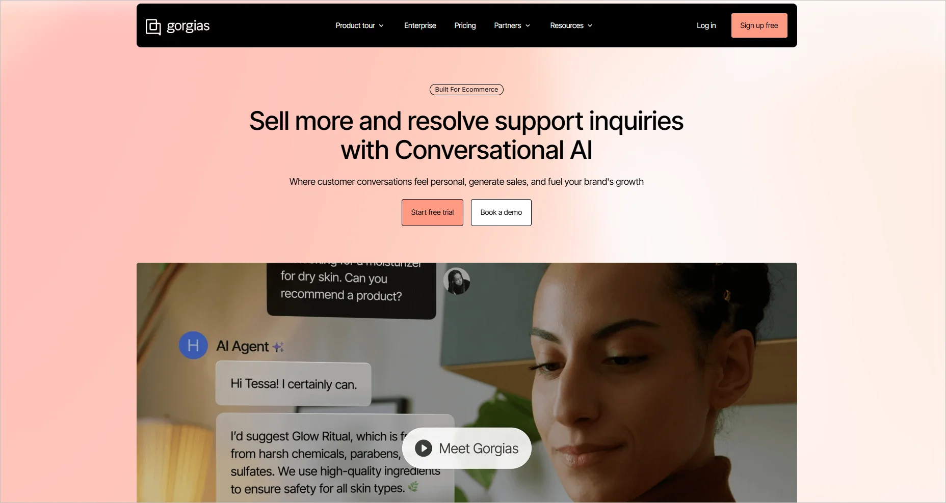 Gorgias homepage showing a conversational AI support platform, with an AI agent in action