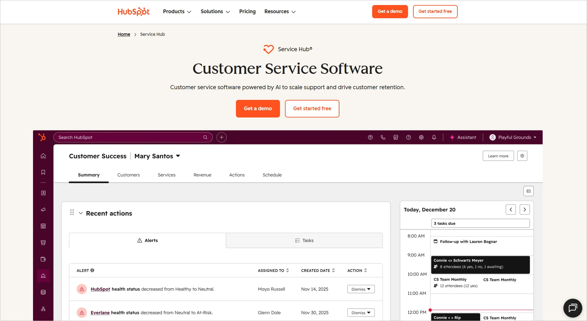 HubSpot's Service Hub webpage features support inbox with chat messages, options for a demo, pricing overview, and features.