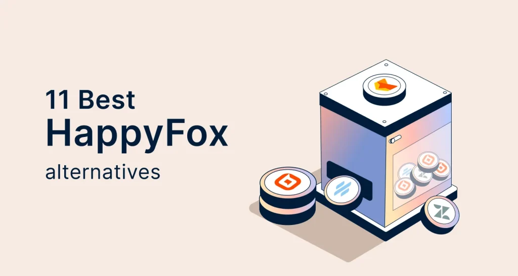 Infographic on a light beige background showing blue and orange app icons with ‘11 Best HappyFox alternatives‘ text