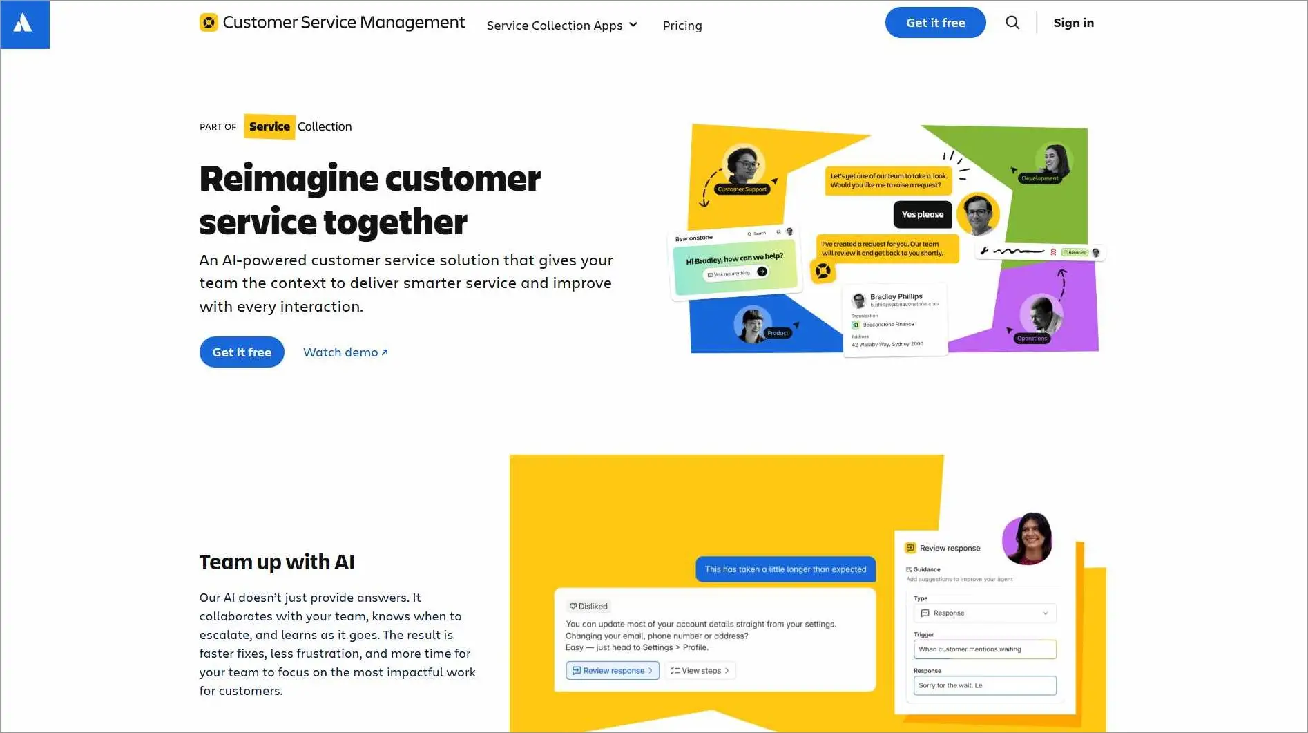 Jira Service Management home page and HappyFox alternative showing messaging and agent tools