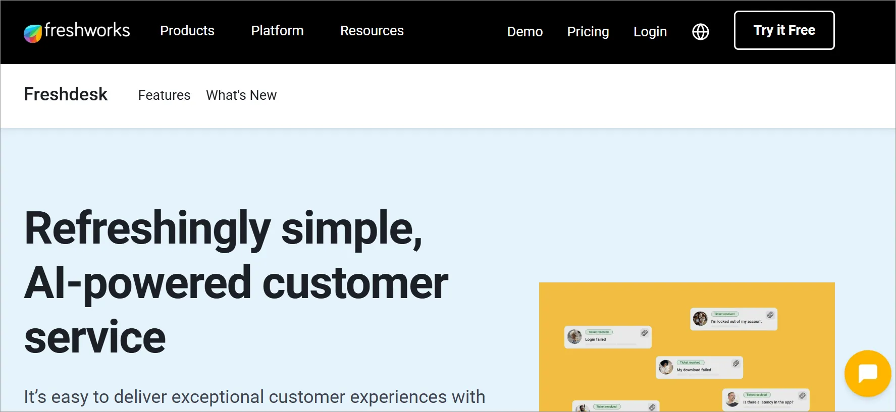 Freshdesk AI-powered customer support software showcasing ticket resolution as an alternative to HappyFox