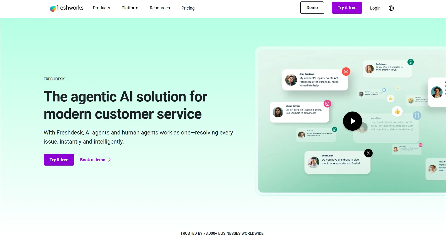 Freshworks webpage showcasing AI-powered customer service solutions. Features chat bubbles with diverse user icons.