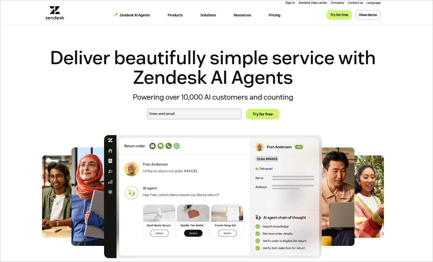 Zendesk homepage showing AI Agents for automated customer support, AI-driven conversations and workflows.