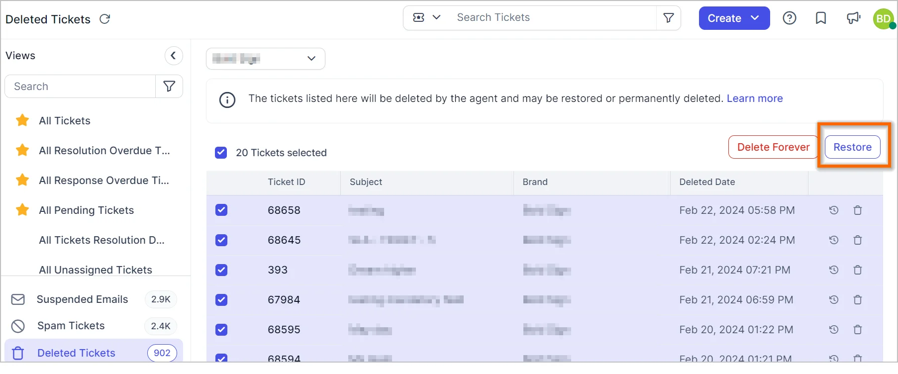 New feature to restore deleted tickets 