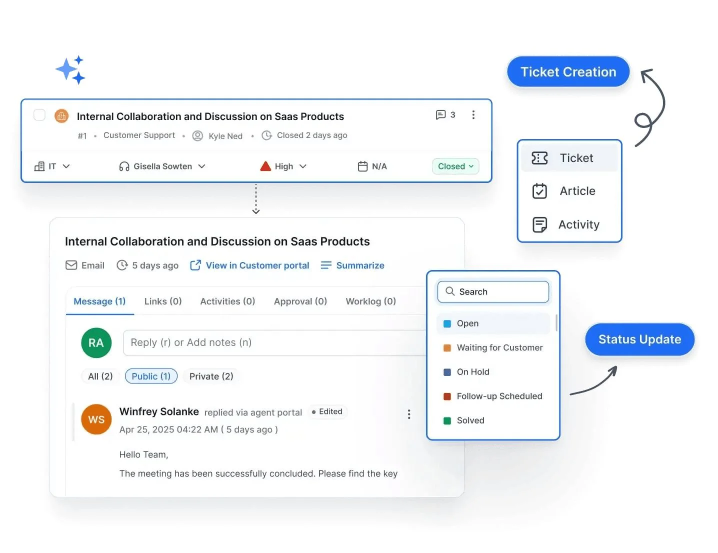 BoldDesk Ticketing system dashboard showing support tickets with status, priority, last reply, and sidebar navigation.