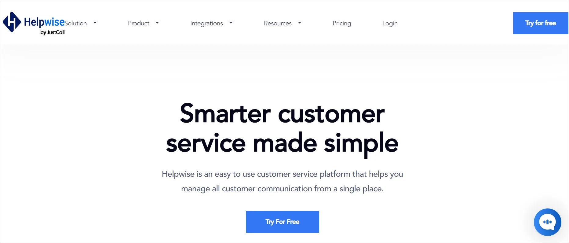 Helpwise site screenshot with logo, menu, central text “Smarter customer service made simple,” and bottom CTA “Try For Free.”