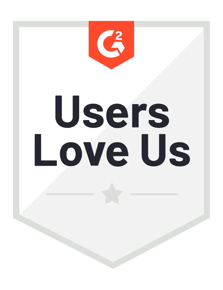 Badge with gray border and red G2 logo on top, text reads 'Users Love Us,' indicating positive user sentiment