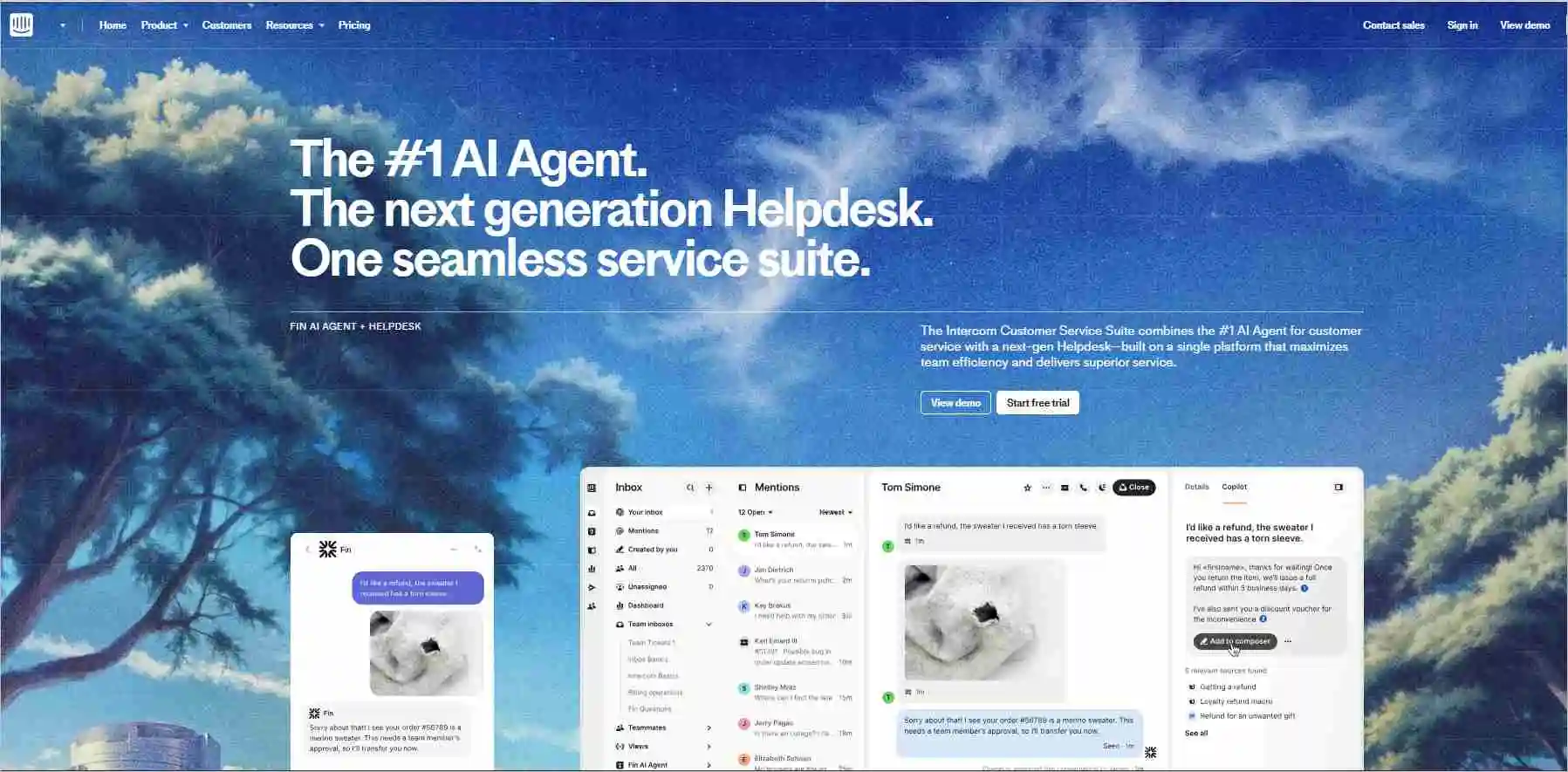 Intercom webpage promoting AI customer service with overlay “The #1 AI Agent,” cloudy, blue background cityscape, and demo/trial buttons.