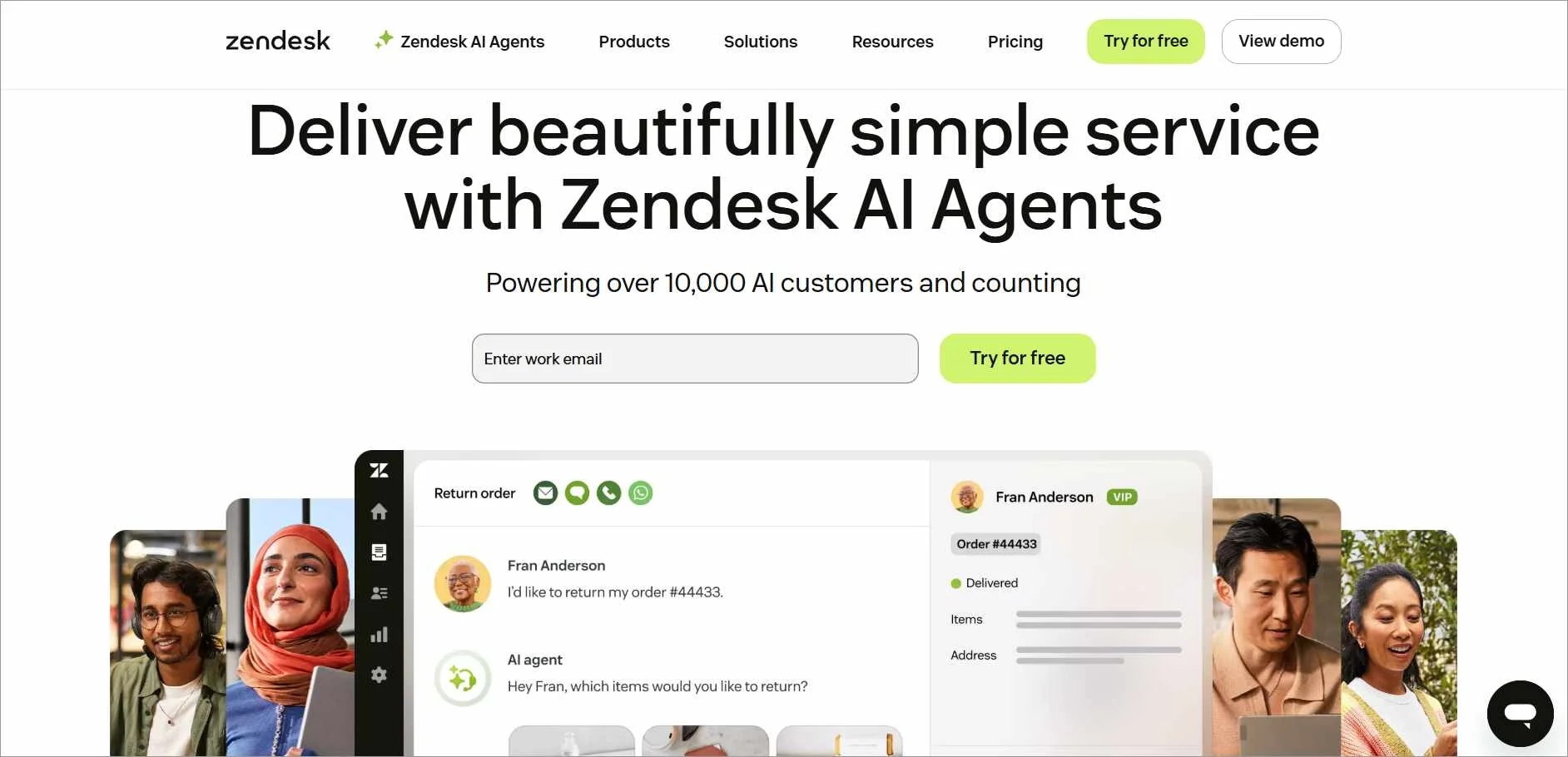 Zendesk webpage showing a Zoho Desk competitor displaying AI Agents, search bar, and a sample support conversation interface.