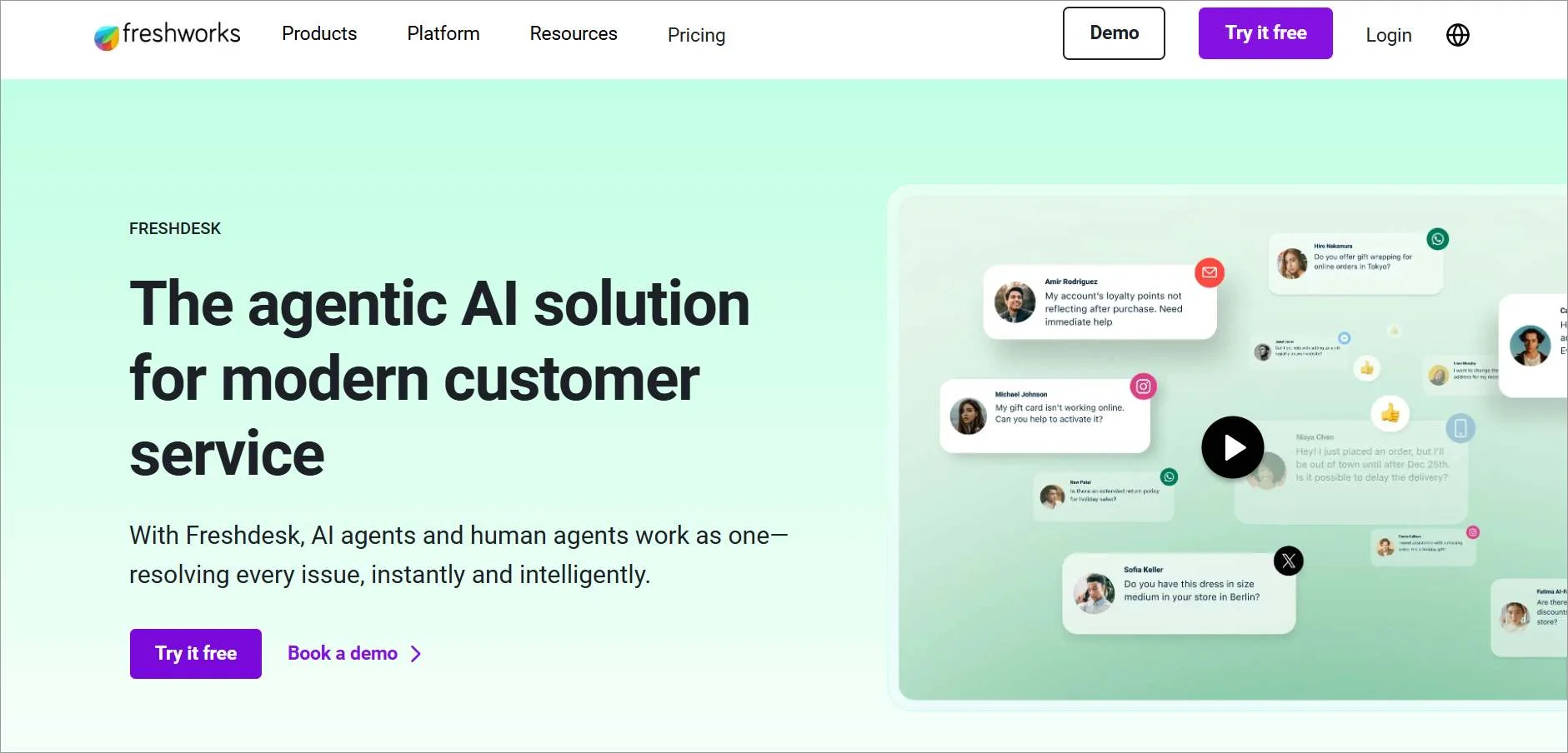 Freshdesk webpage highlighting agentic AI for customer service, with icons, chat bubbles, and demo option available.