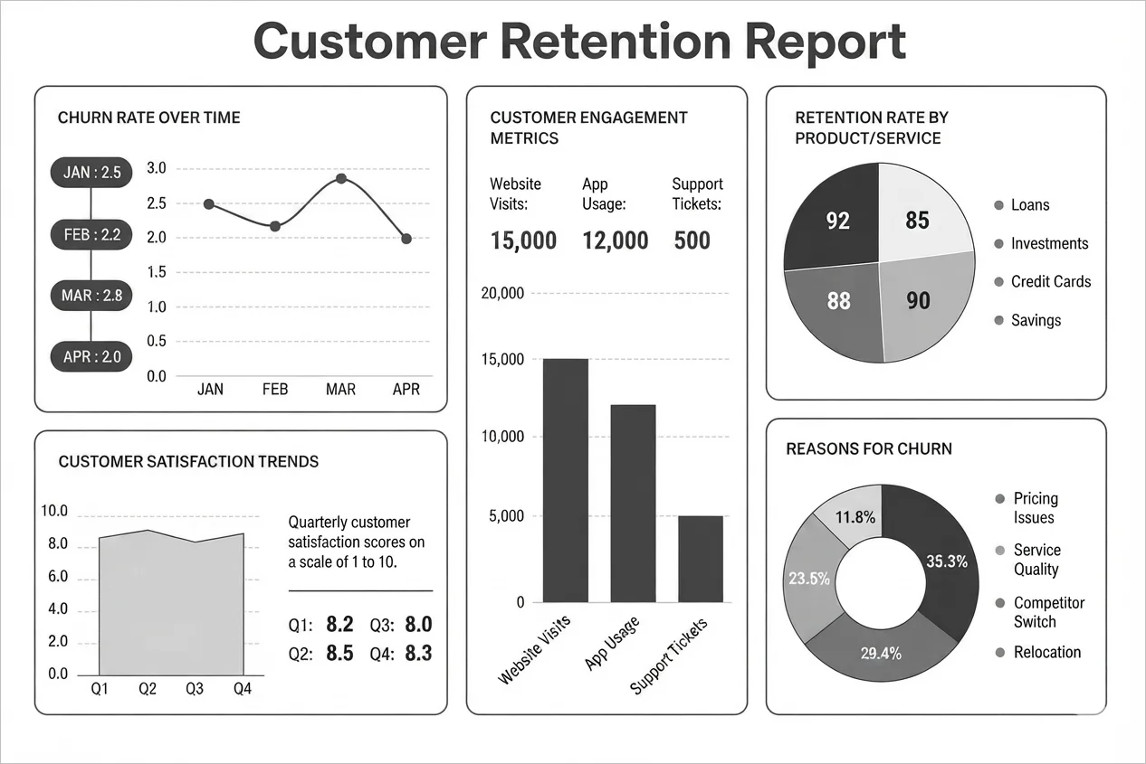 Customer retention report highlighting churn analysis, satisfaction scores, and retention by service.