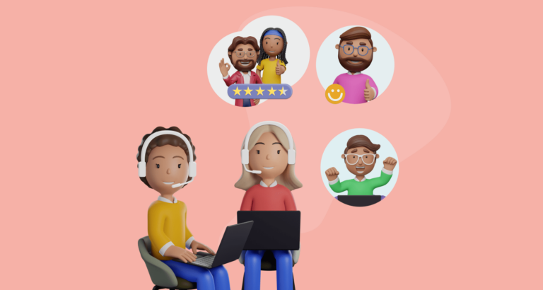 Two animated characters with headsets on laptops, above them circles show diverse happy faces, thumbs-up, and star ratings.