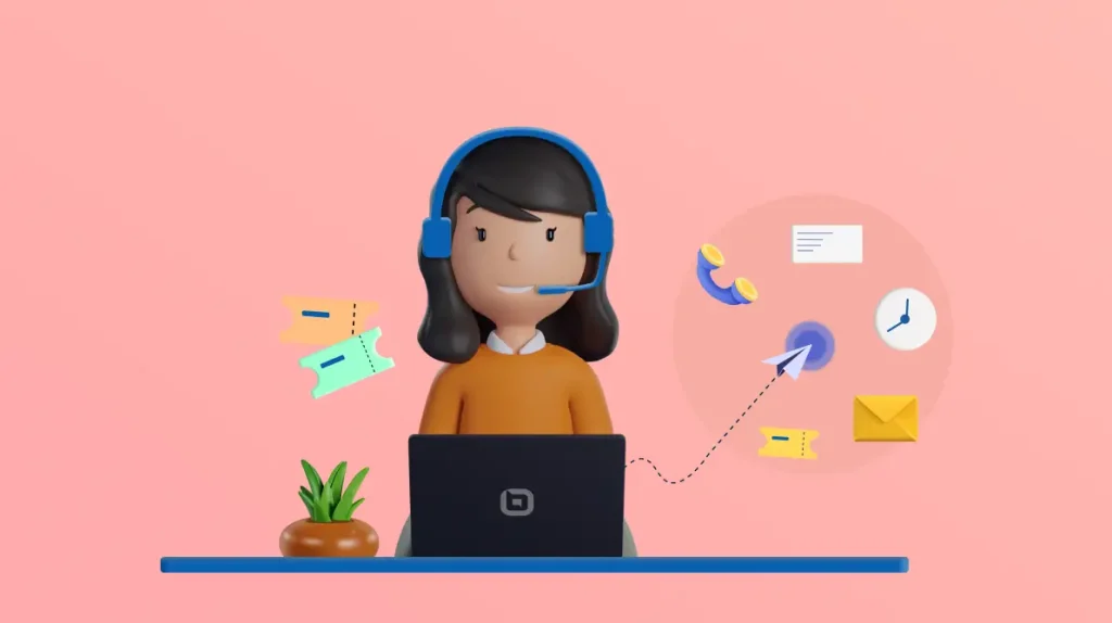 A customer support agent using a laptop and headset, with chat, email, phone, and ticket icons around the workspace.