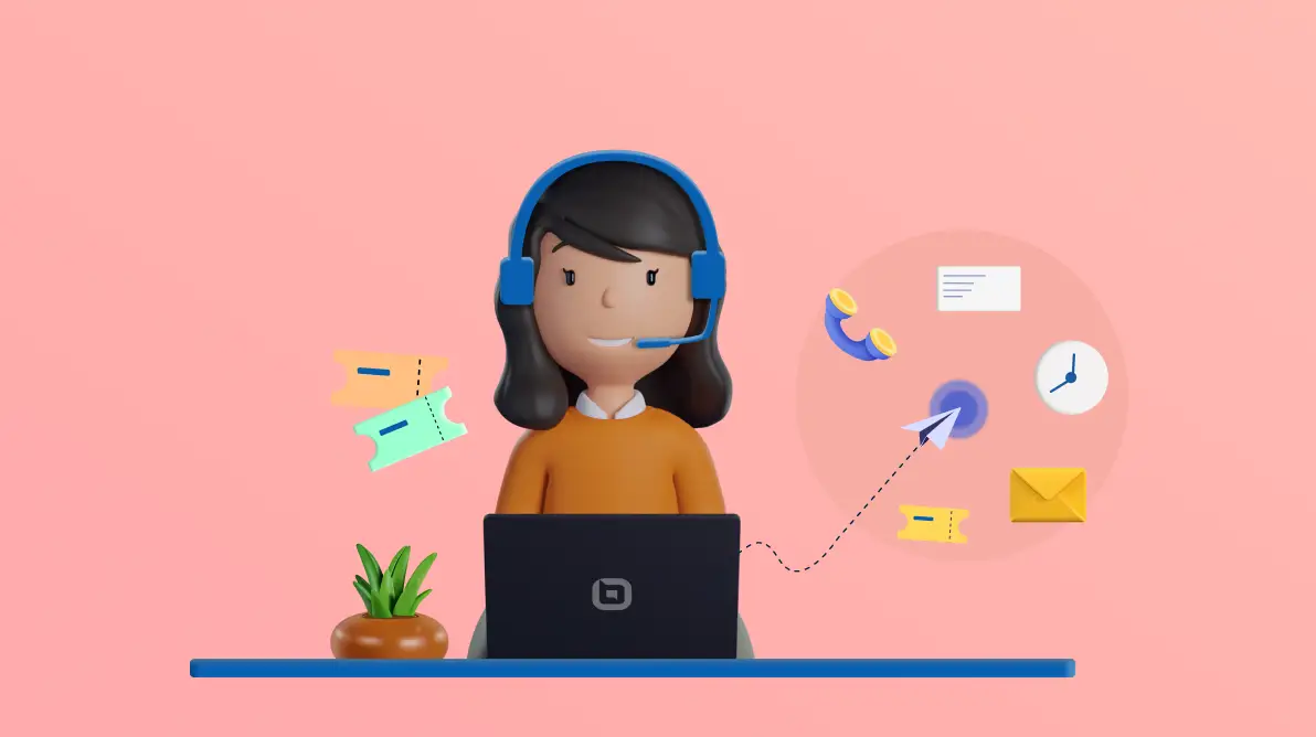 A customer support agent using a laptop and headset, with chat, email, phone, and ticket icons around the workspace.