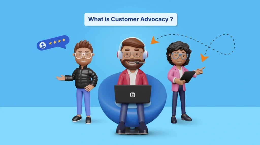 Illustration showing customer advocacy with characters highlighting reviews, customer engagement, and support concepts