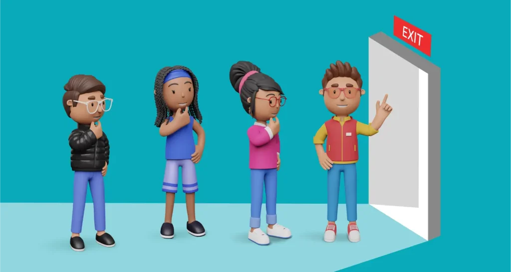 Four cartoon characters stand thinking in a line, the last pointing toward an open exit door demonstrating customer churn