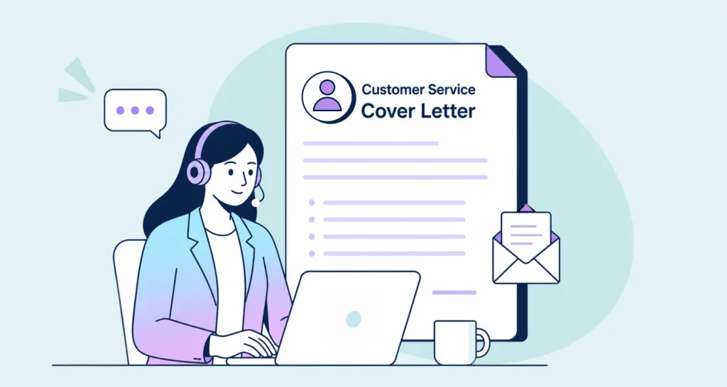 Illustration of a customer service agent sitting at a desk with a laptop on a light blue background.