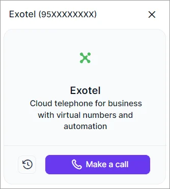 Exotel interface showing cloud telephony options like virtual numbers and automation, with a prominent ‘Make a call’ button