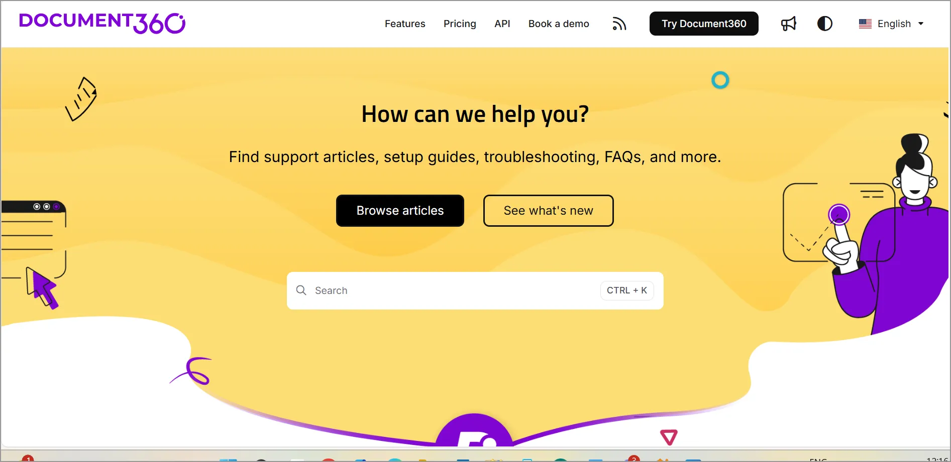 Document360 homepage featuring search bar, article/update browse buttons, and illustration of person in purple on yellow