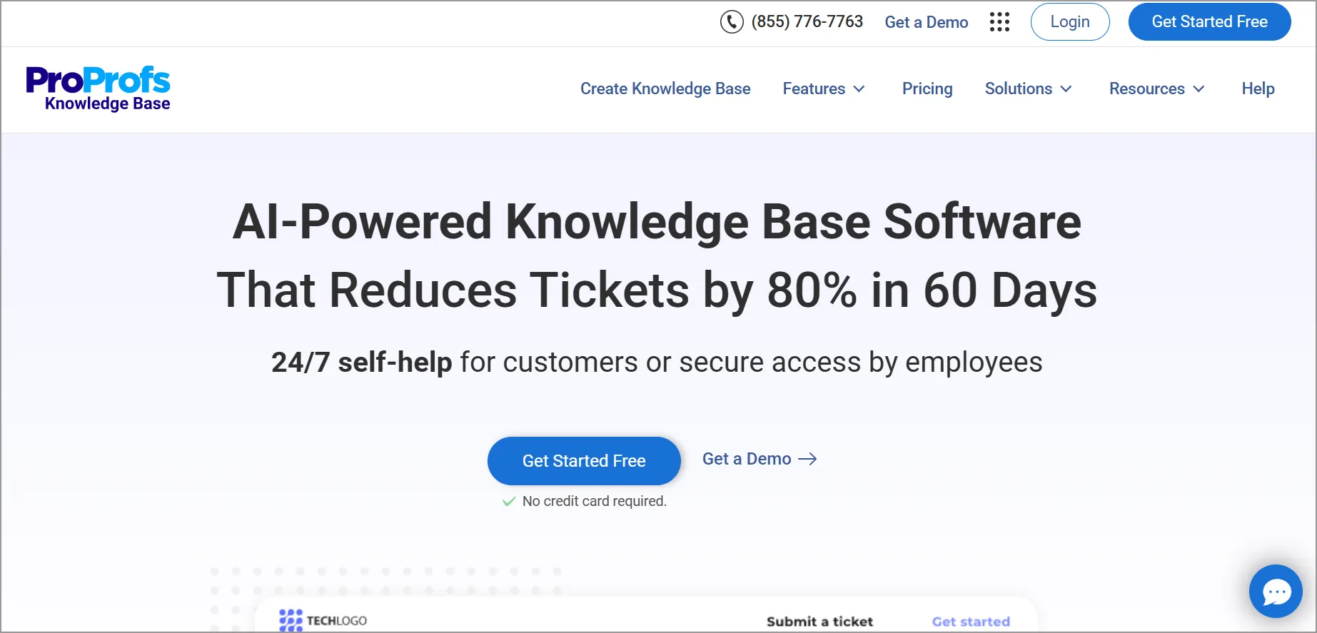 ProProfs website highlighting AI knowledge base, 'Get Started Free' button, header with contact and navigation