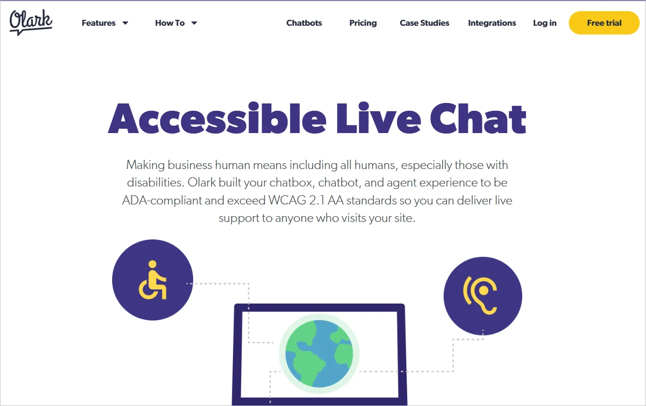 Website screenshot with white background, chat interface, text “Accessible live chat,” chat icons, laptop, demo button.