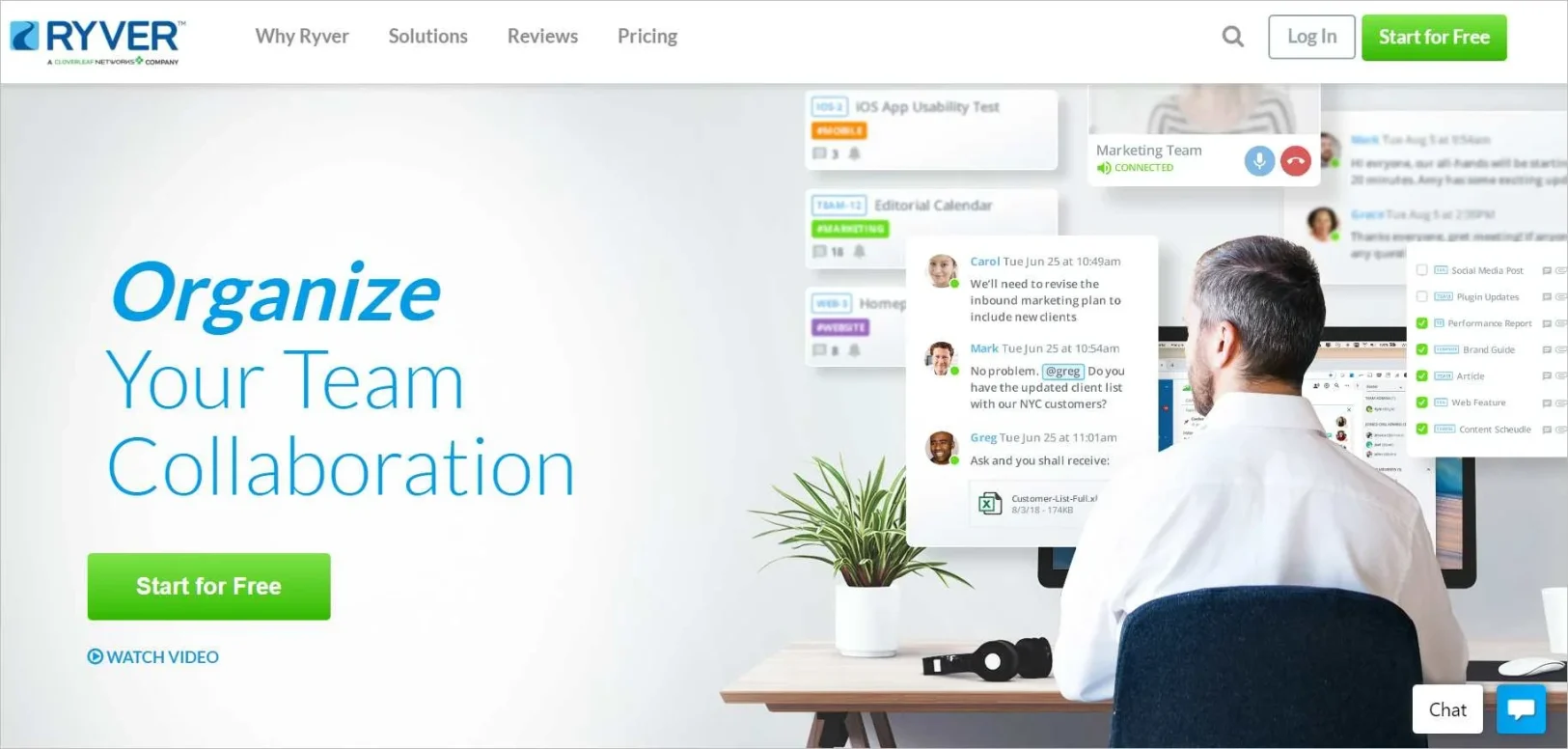 A person in office looking at monitor displaying Ryver notifications, text on collaboration in one app, professional tone.