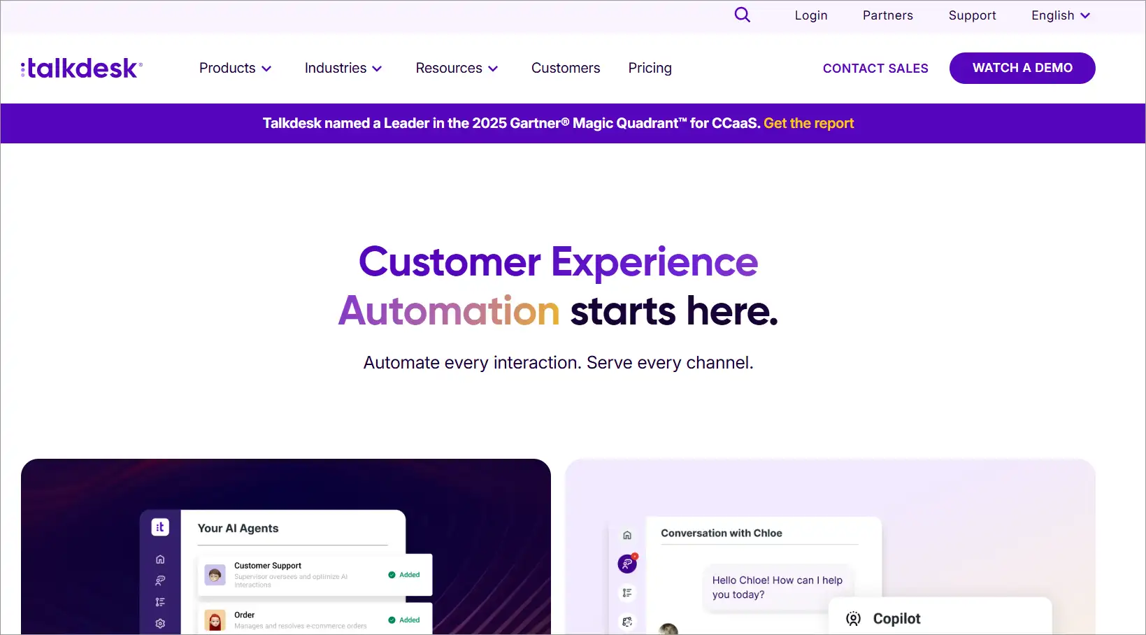 Talkdesk site highlights slogan, purple-white design, nav bar options, AI agent image, and Chloe chat preview below.