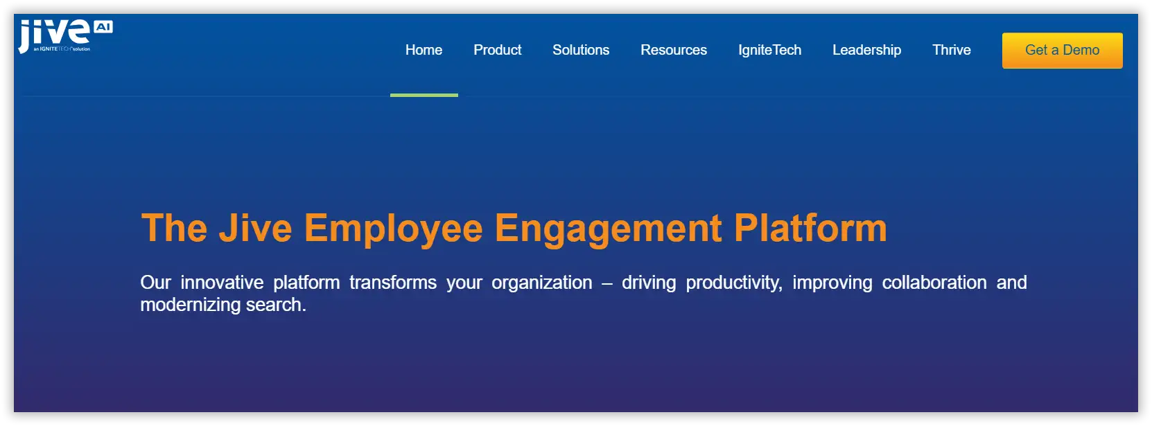 Jive homepage highlights employee engagement platform with blue gradient header, menu links, and Get a Demo button.