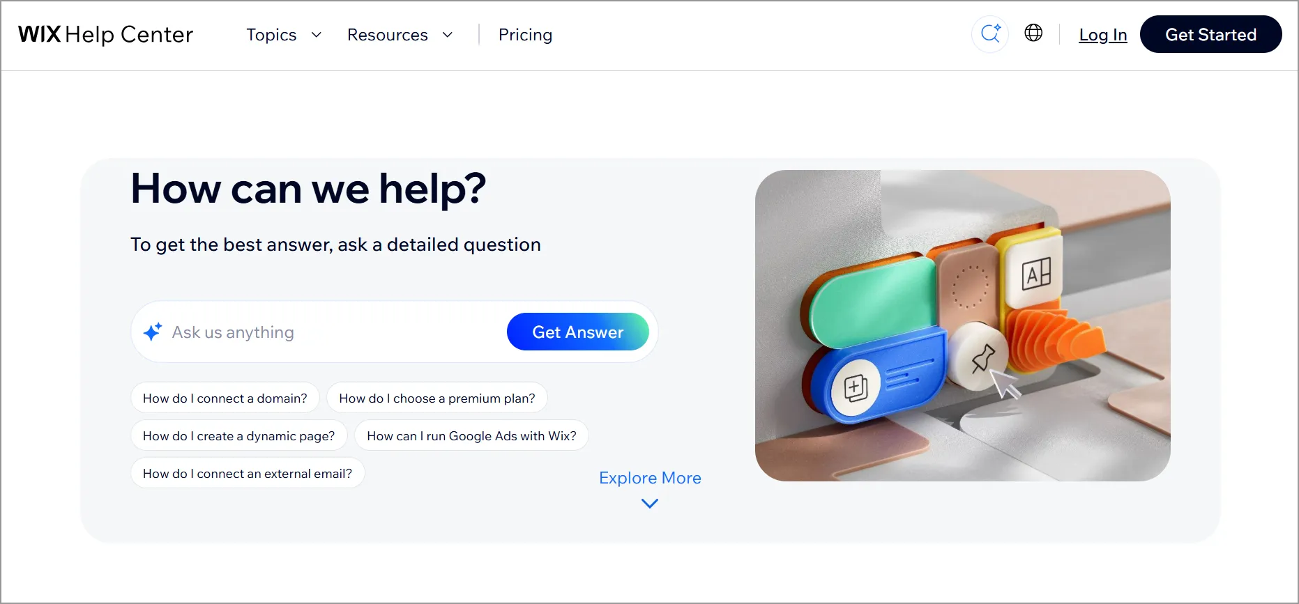 Wix Help Center page with search bar for user queries and colorful overlapping app icons. Keywords: help, question, assist