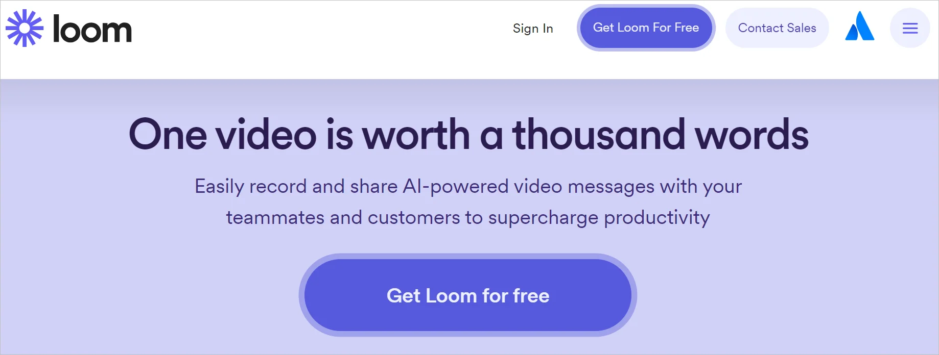 Loom homepage showing its AI-powered video messaging features for teams and customer communication.