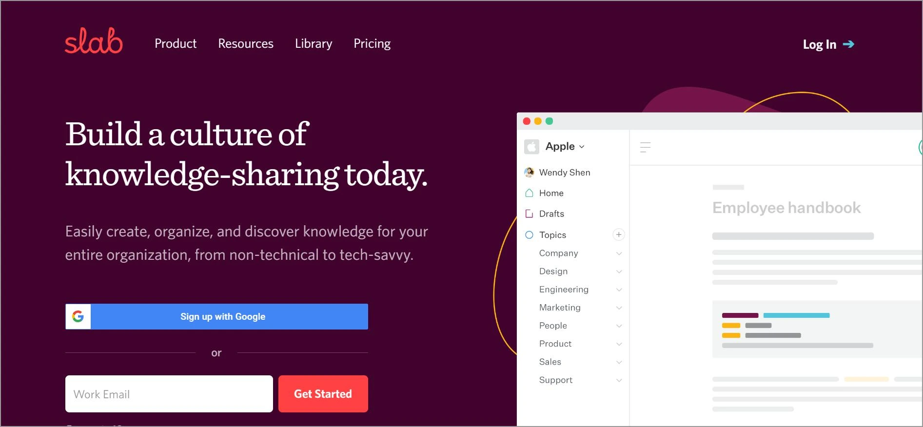 Slab homepage featuring headline promoting knowledge-sharing, login on left, app view on right with 'Employee handbook