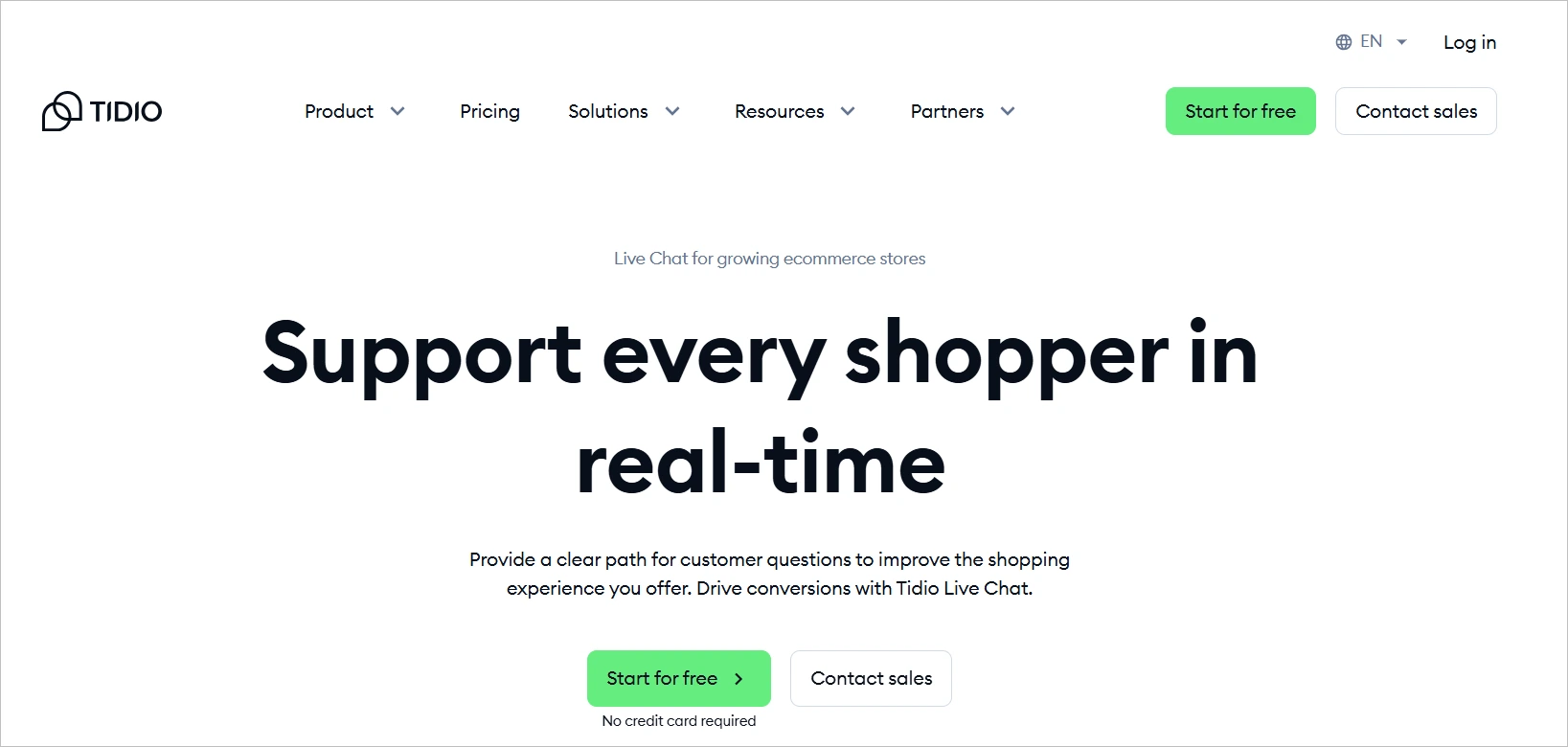 Tidio ecommerce live chat software homepage highlighting real-time customer support for online stores.