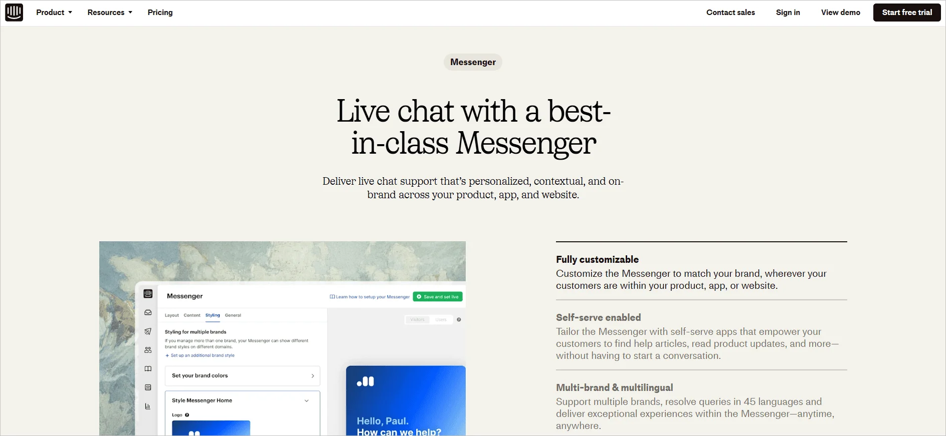 Intercom's live chat banner image with writings "Live chat with a best-in-class Messenger."