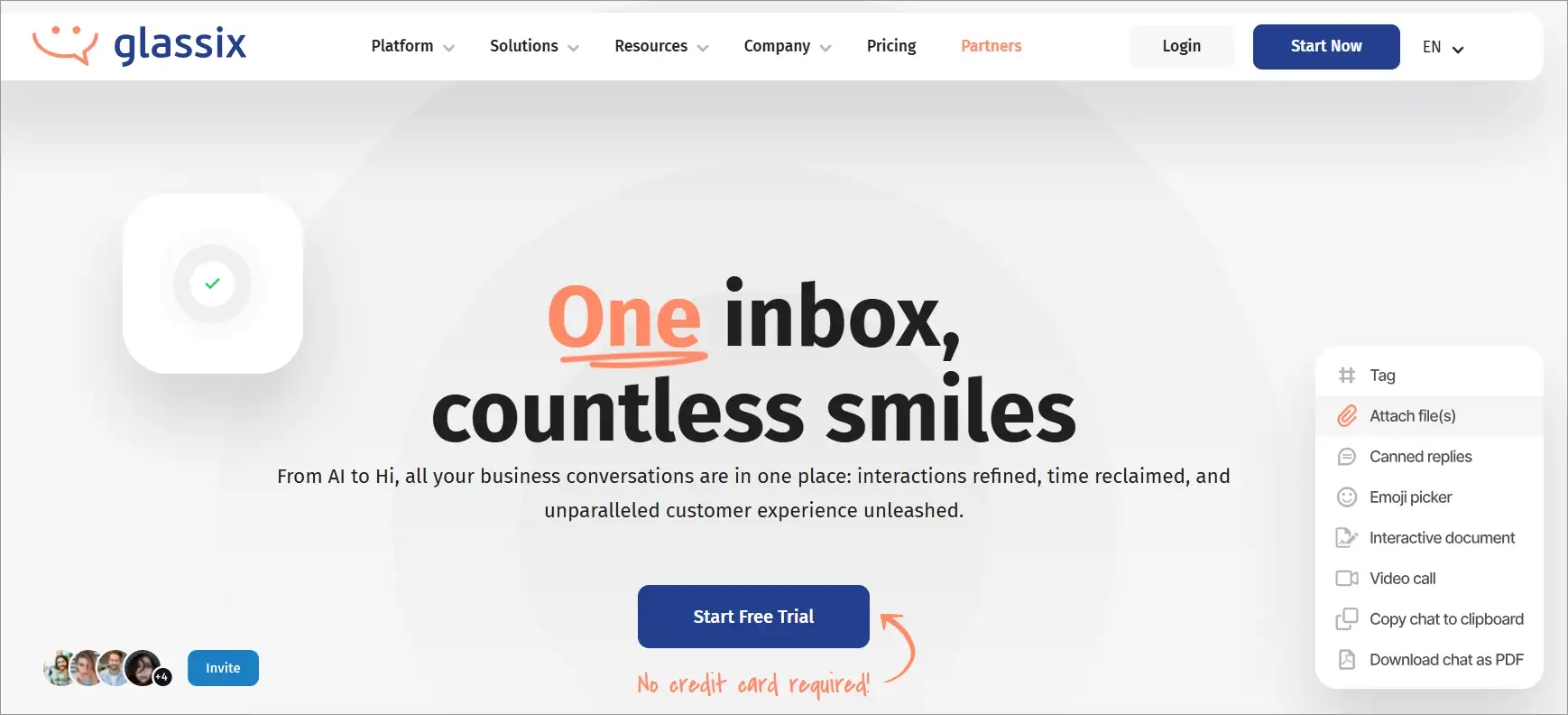 Glassix site displays bold slogan, Start Free Trial button, note “No credit card required,” user interface icons right.