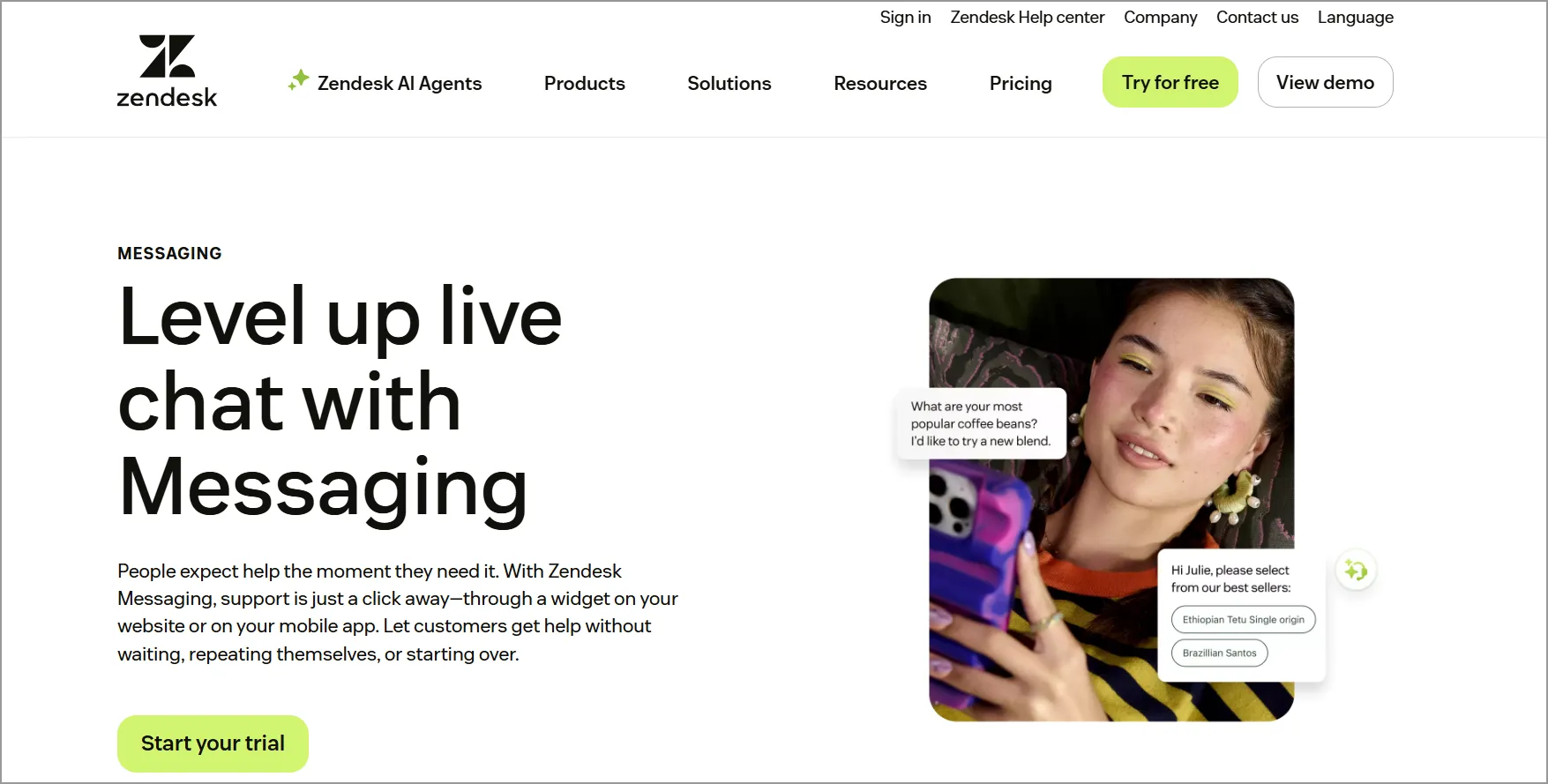Zendesk live chat widget for websites enabling real-time customer messaging and support