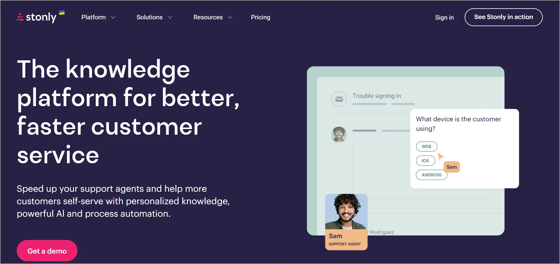 Stonly webpage promoting knowledge platform for customer service, highlighting faster support with illustration of agent Sam