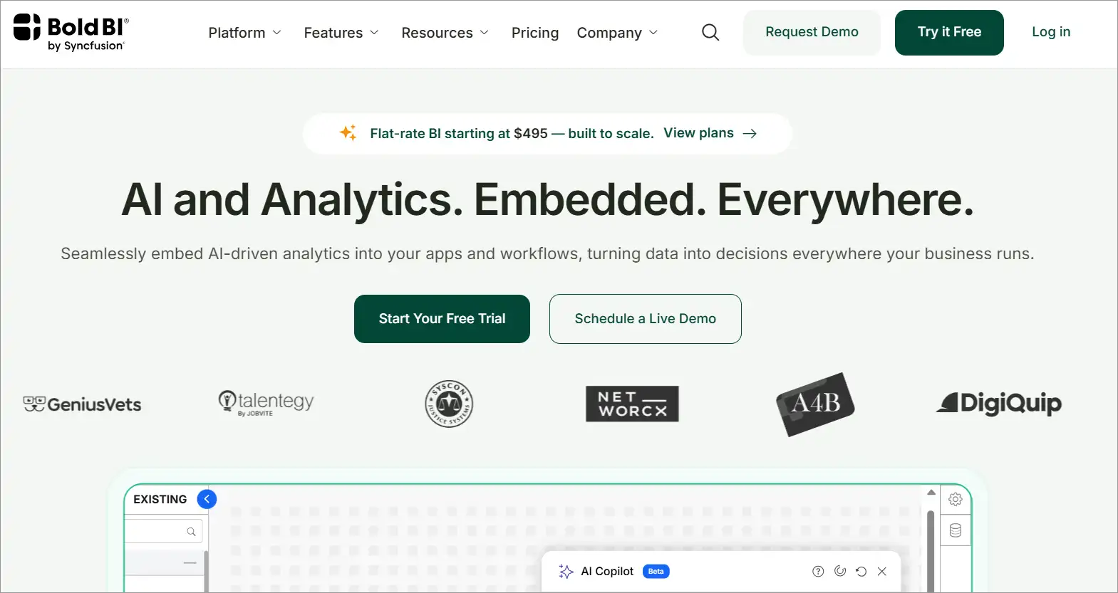 Website for Bold BI highlights headline, green buttons for free trial and demo, plus partner company logos underneath.